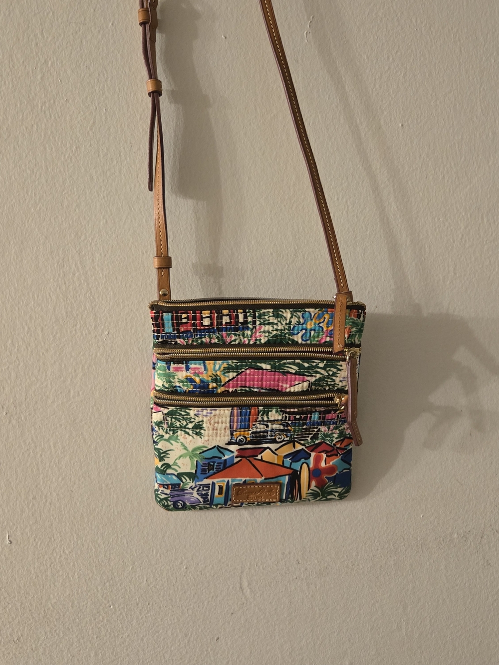 Dooney & Bourke Multicolor Tropical Print Crossbody with Tan Leather Strap